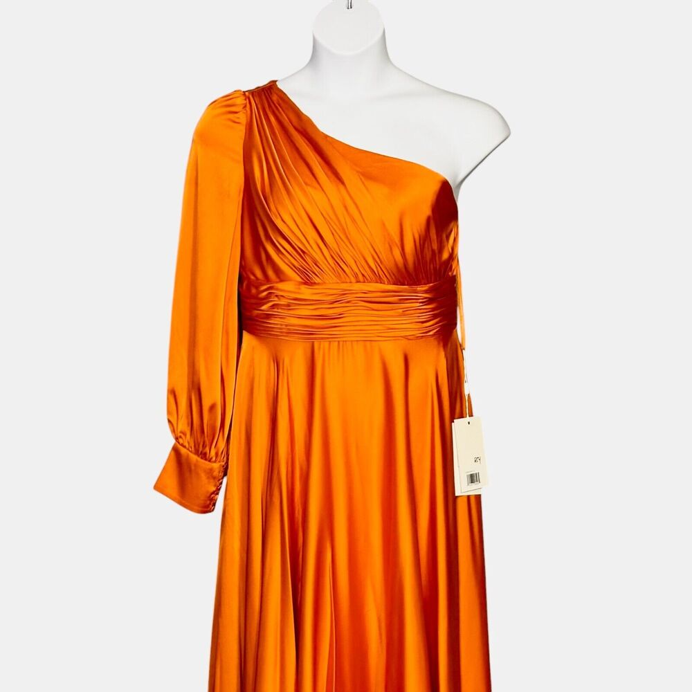 NEW Mac Duggal Ieena One Shoulder Bishop Sleeve Gown Spice Orange Pockets Sz 12 - Picture 4 of 14